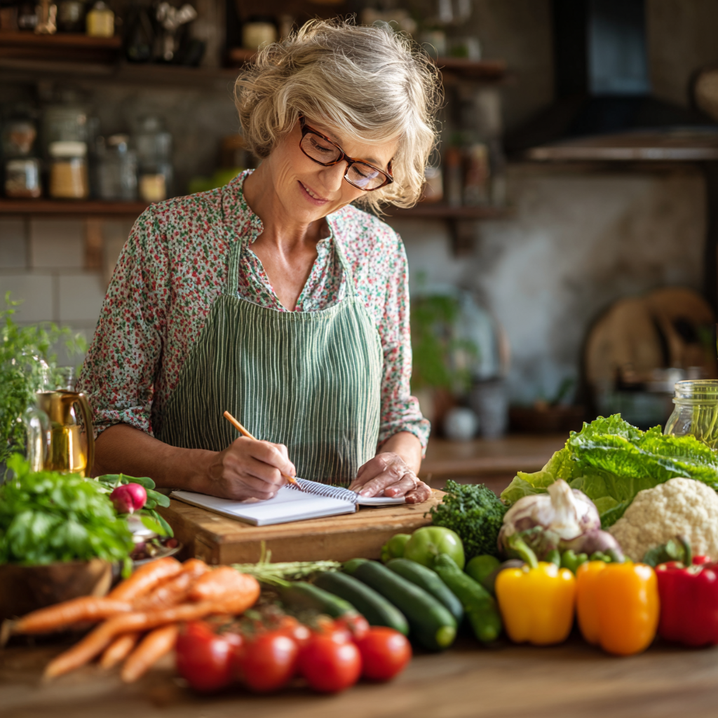 middle-aged woman preparing nutritious meal plan