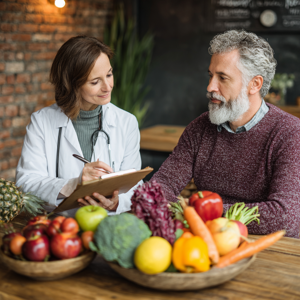 professional nutritionist consulting with mature adult client